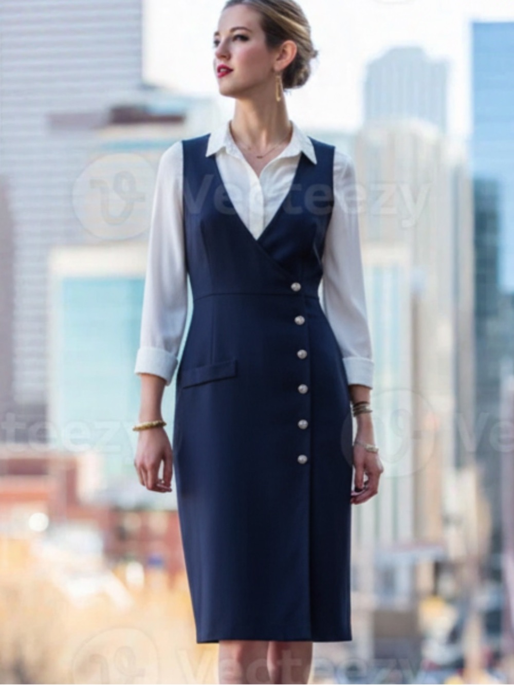 Unbranded Navy Blue Wrap Dress Pearl Accent Buttons V-Neck Work Office Small